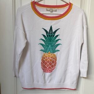 LOFT Women's White Sweater with Colorful Pineapple Motif